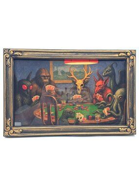 OOAK Framed Print Creepy Ephemera Cryptids Playing Poker Bigfoot Mothman 15.25"